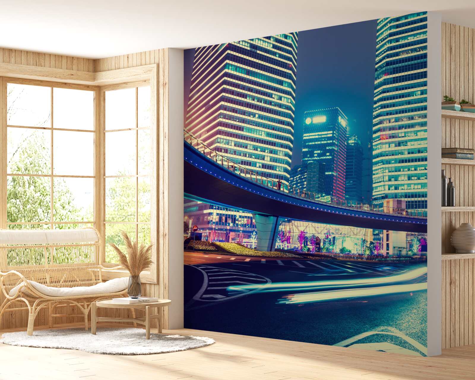 Fototapeta nocne miasto z wieżowcami i mostem