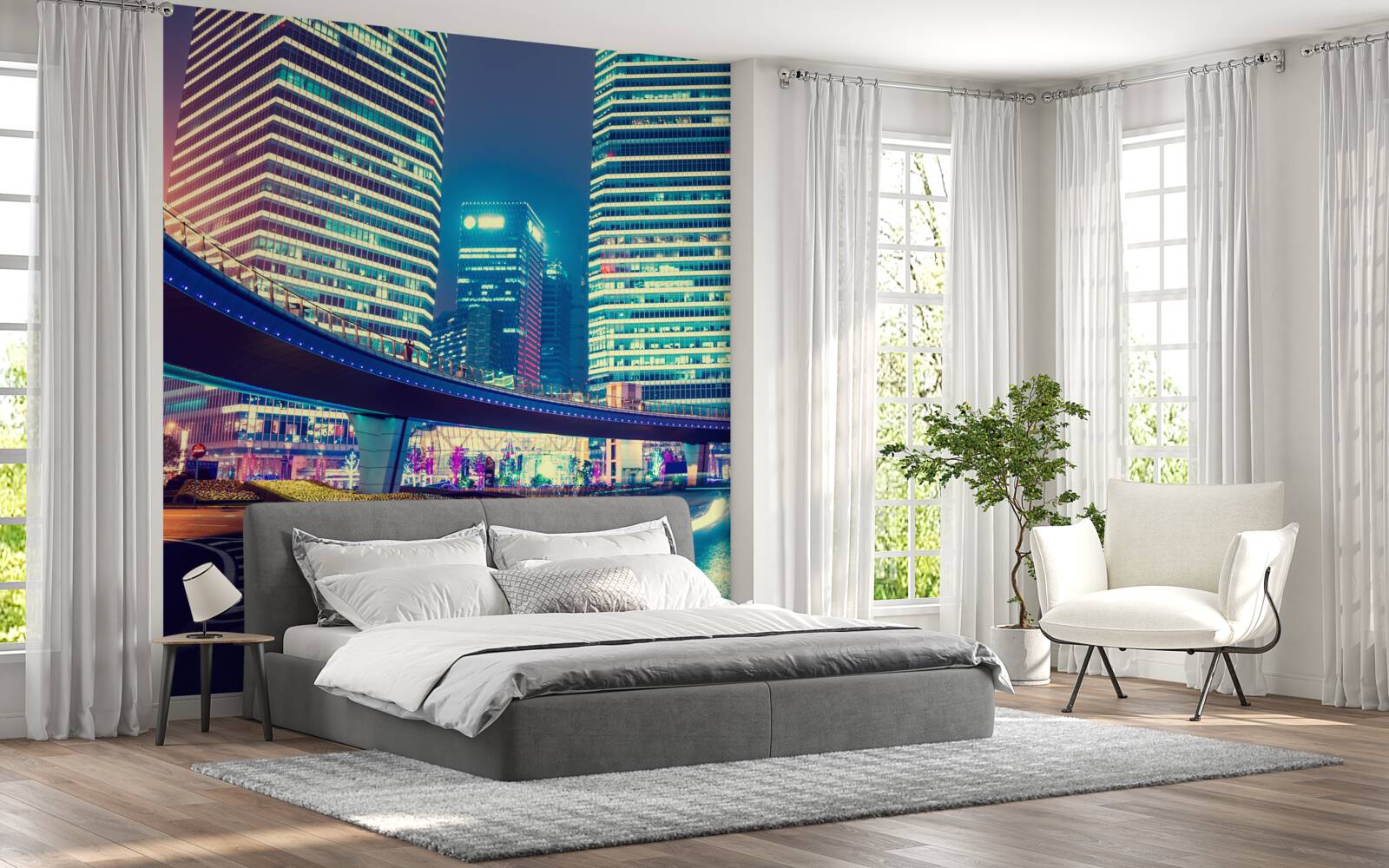 Fototapeta nocne miasto z wieżowcami i mostem