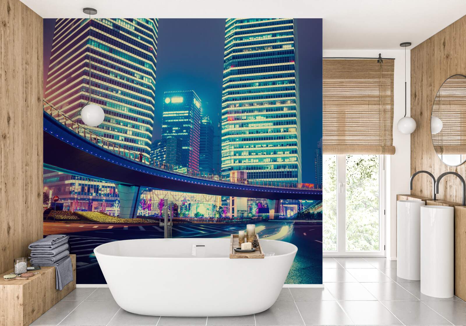 Fototapeta nocne miasto z wieżowcami i mostem