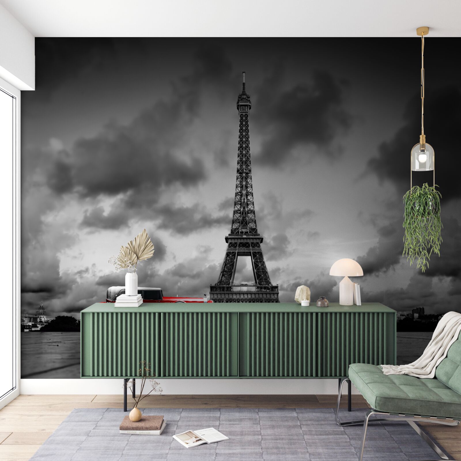 Fototapeta czerwony samochód obok wieży eiffla