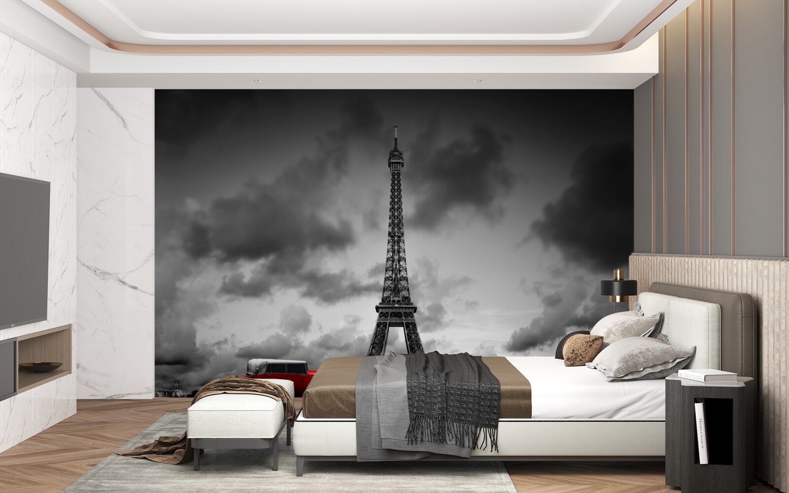 Fototapeta czerwony samochód obok wieży eiffla