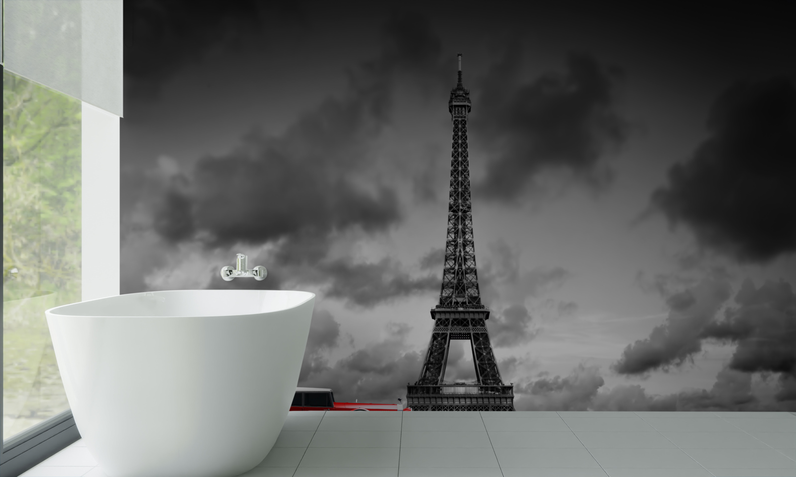 Fototapeta czerwony samochód obok wieży eiffla