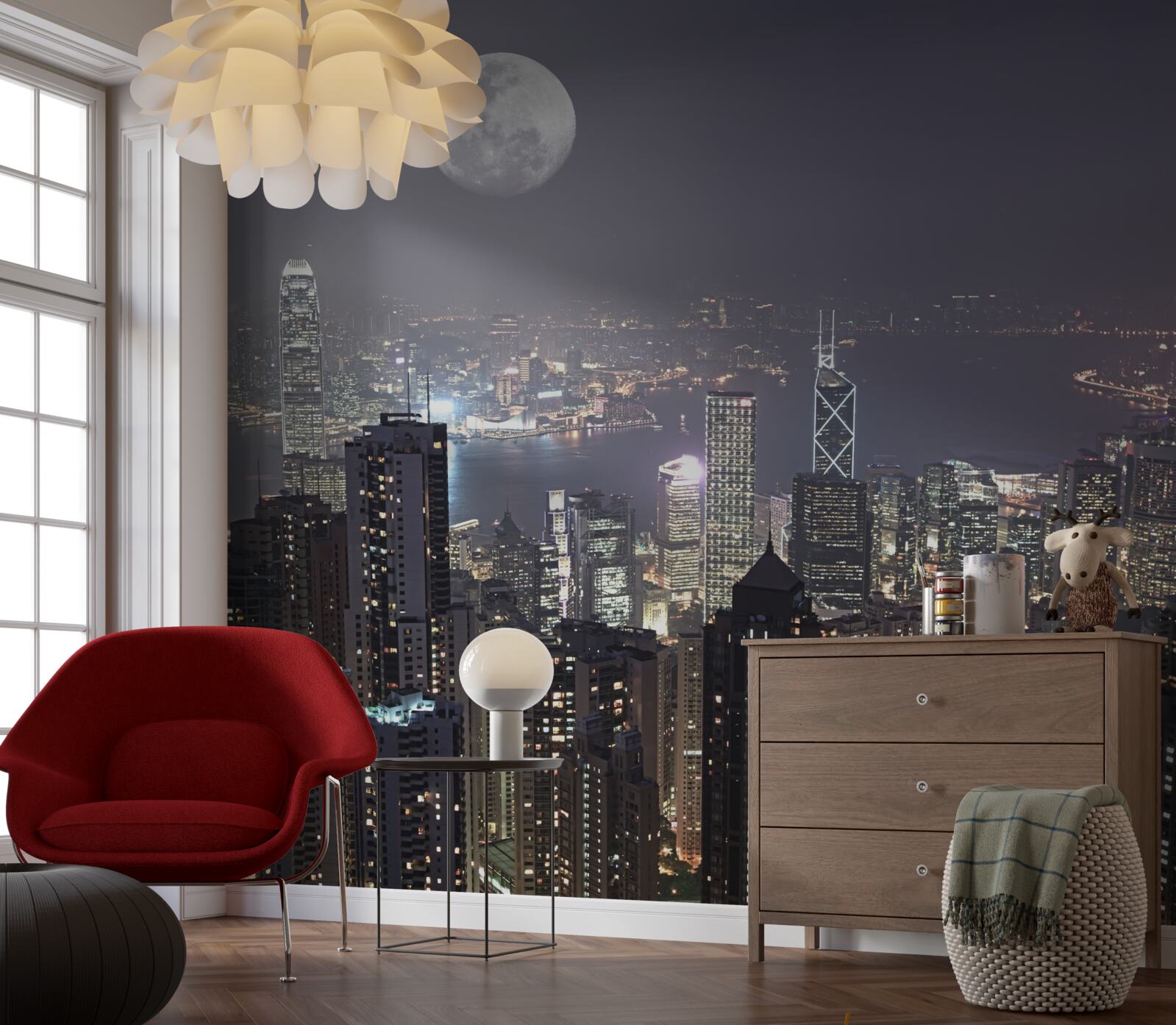 Fototapeta księżyc o północy wisi nad hongkongiem