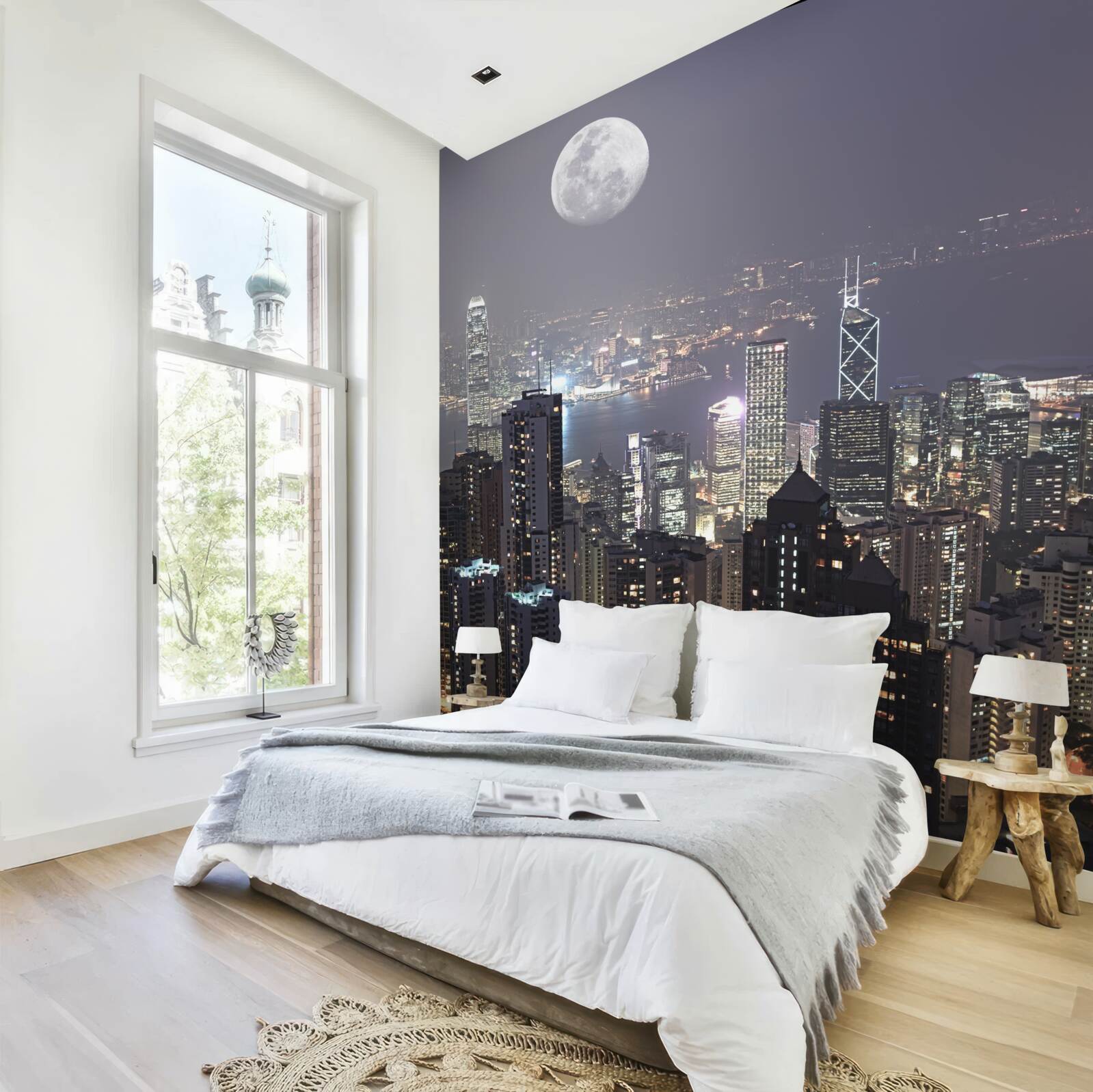 Fototapeta księżyc o północy wisi nad hongkongiem