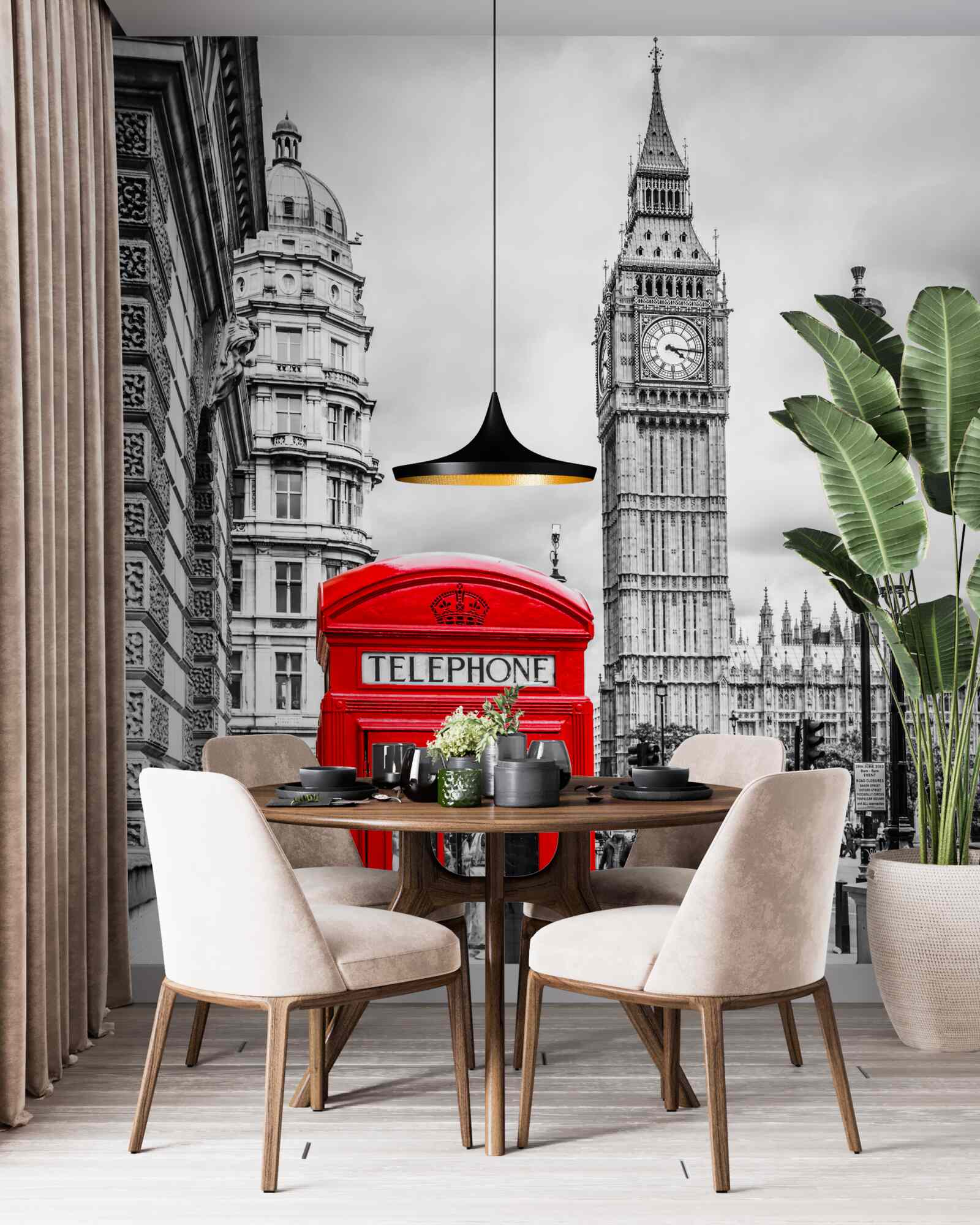 Fototapeta w tle czerwona budka telefoniczna przed big benem