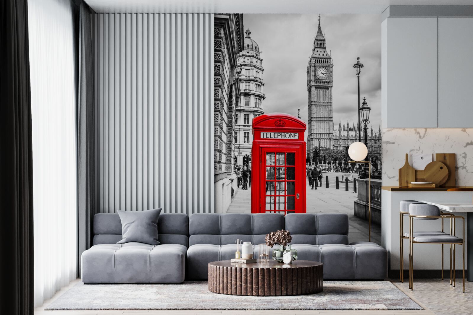Fototapeta w tle czerwona budka telefoniczna przed big benem