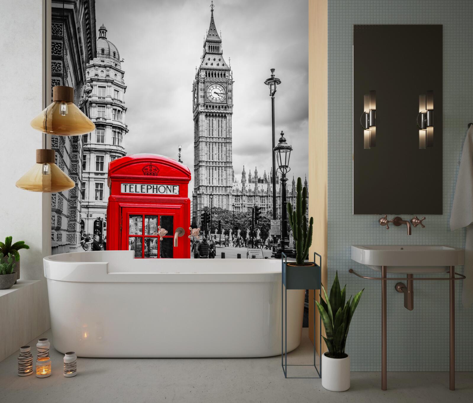 Fototapeta w tle czerwona budka telefoniczna przed big benem