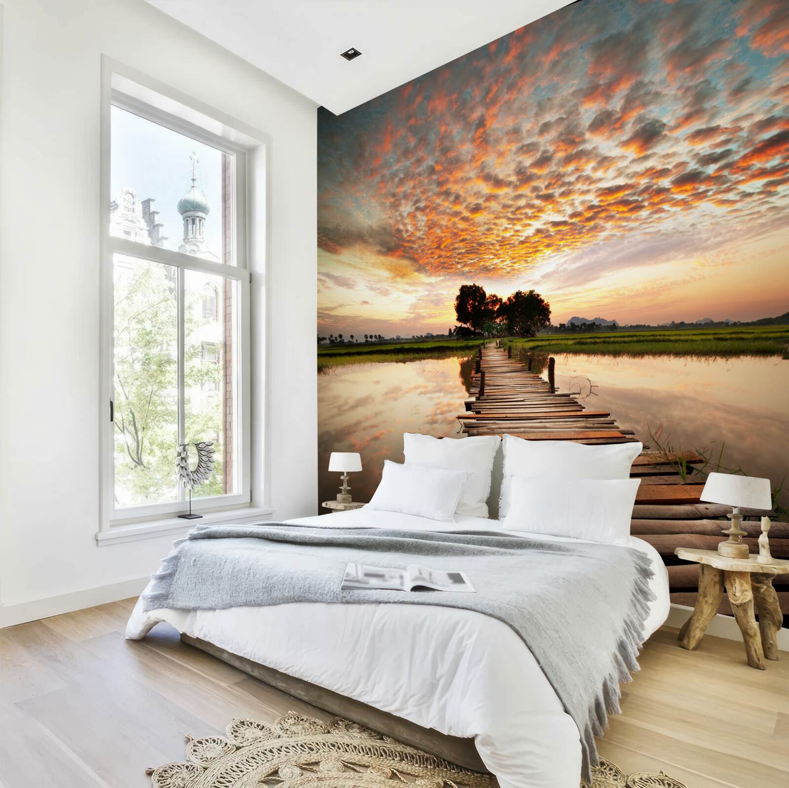 Fototapeta drewniane molo nad jeziorem w zachodzącym słońcu