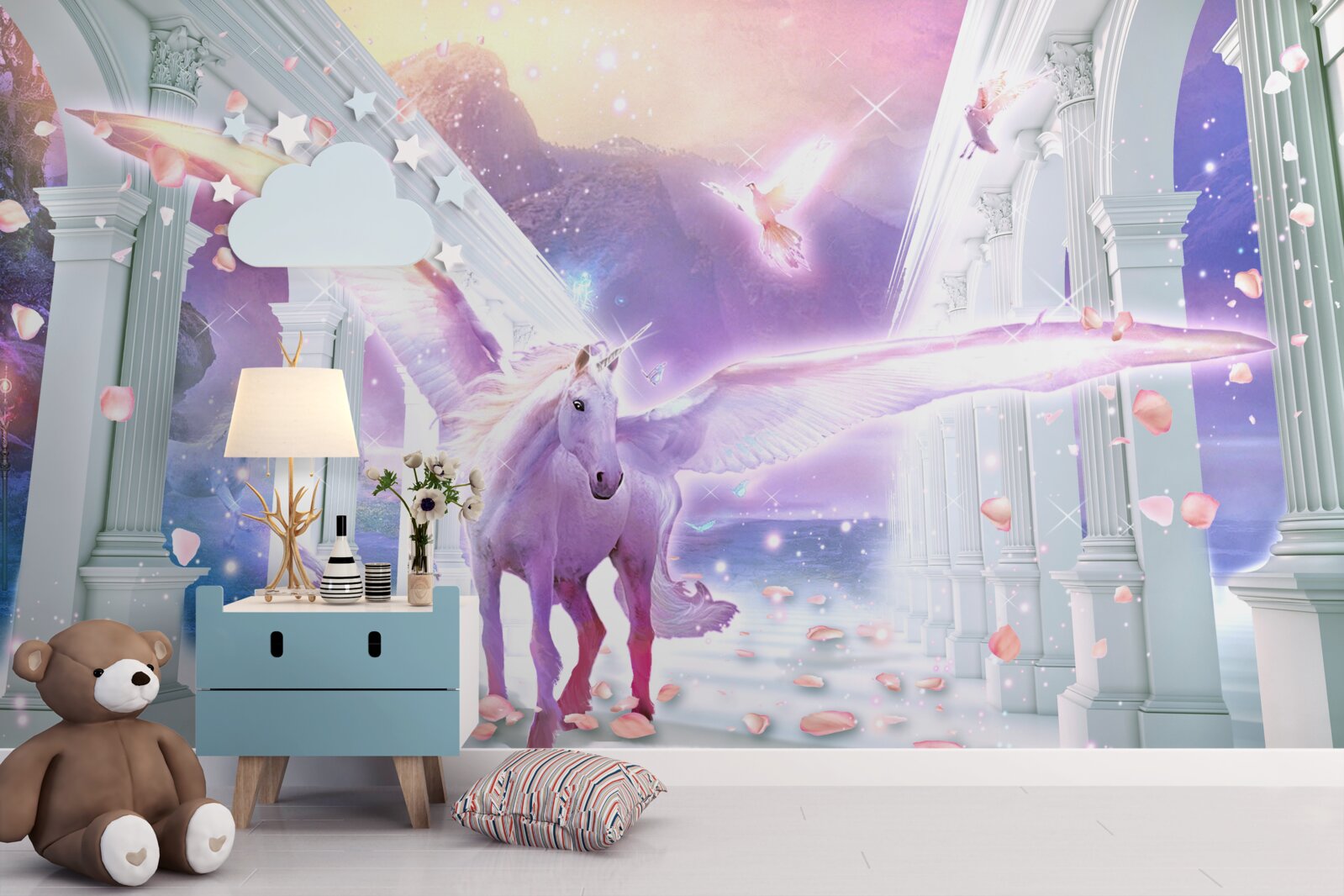 Fototapeta magiczny jednorożec unoszący się na niebie