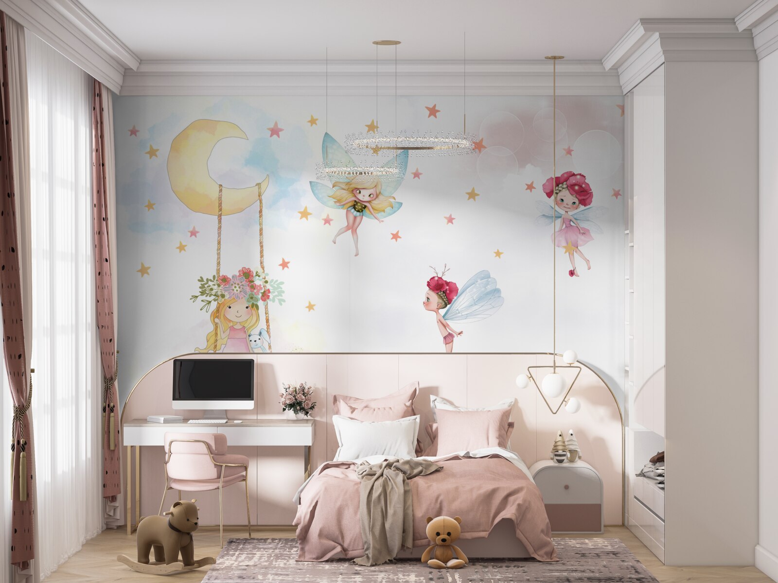 Fototapeta dziecko na huśtawce i magiczne stworzenia