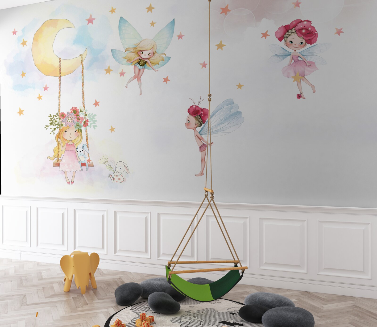 Fototapeta dziecko na huśtawce i magiczne stworzenia