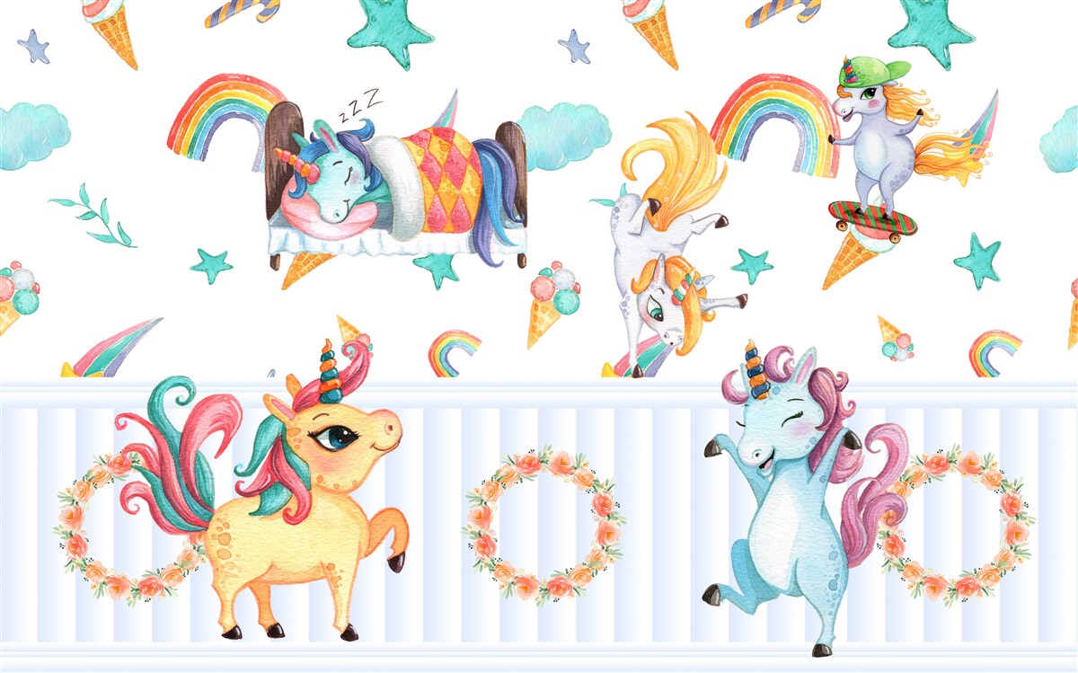 Fototapeta jednorożce, zajęte swoimi sprawami, w różnych kolorach