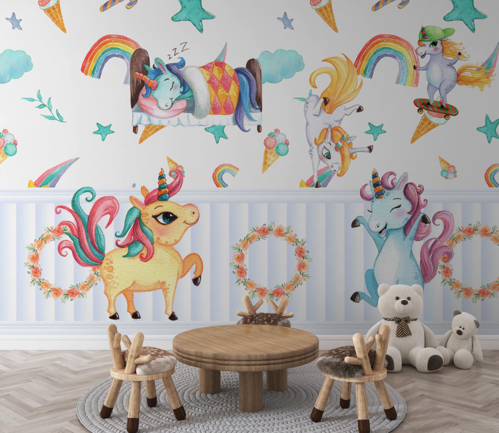 Fototapeta jednorożce, zajęte swoimi sprawami, w różnych kolorach