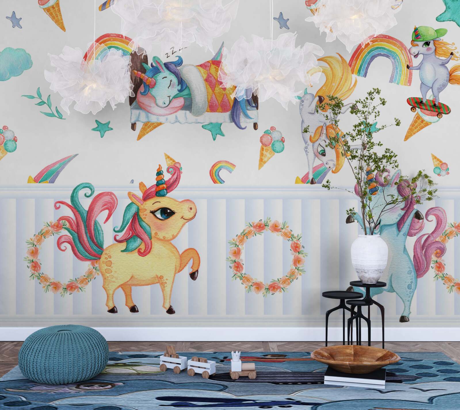 Fototapeta jednorożce, zajęte swoimi sprawami, w różnych kolorach