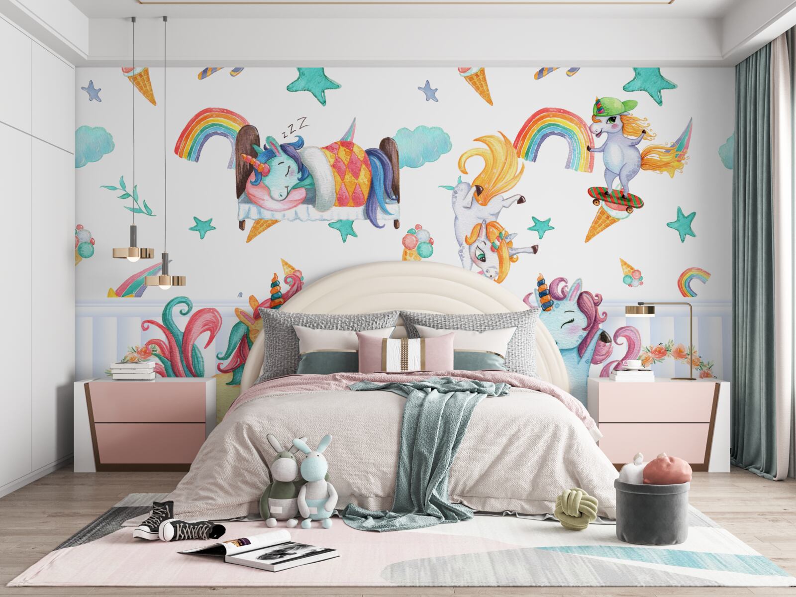 Fototapeta jednorożce, zajęte swoimi sprawami, w różnych kolorach