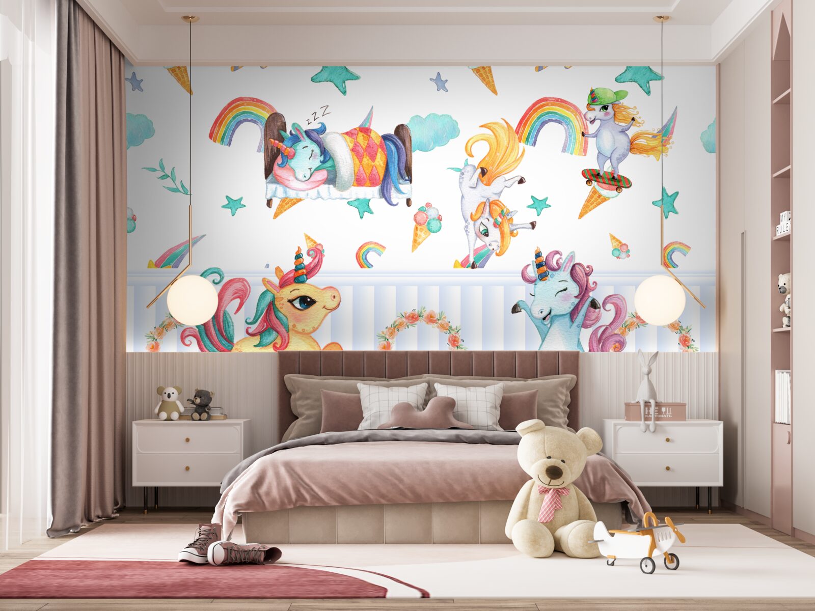 Fototapeta jednorożce, zajęte swoimi sprawami, w różnych kolorach