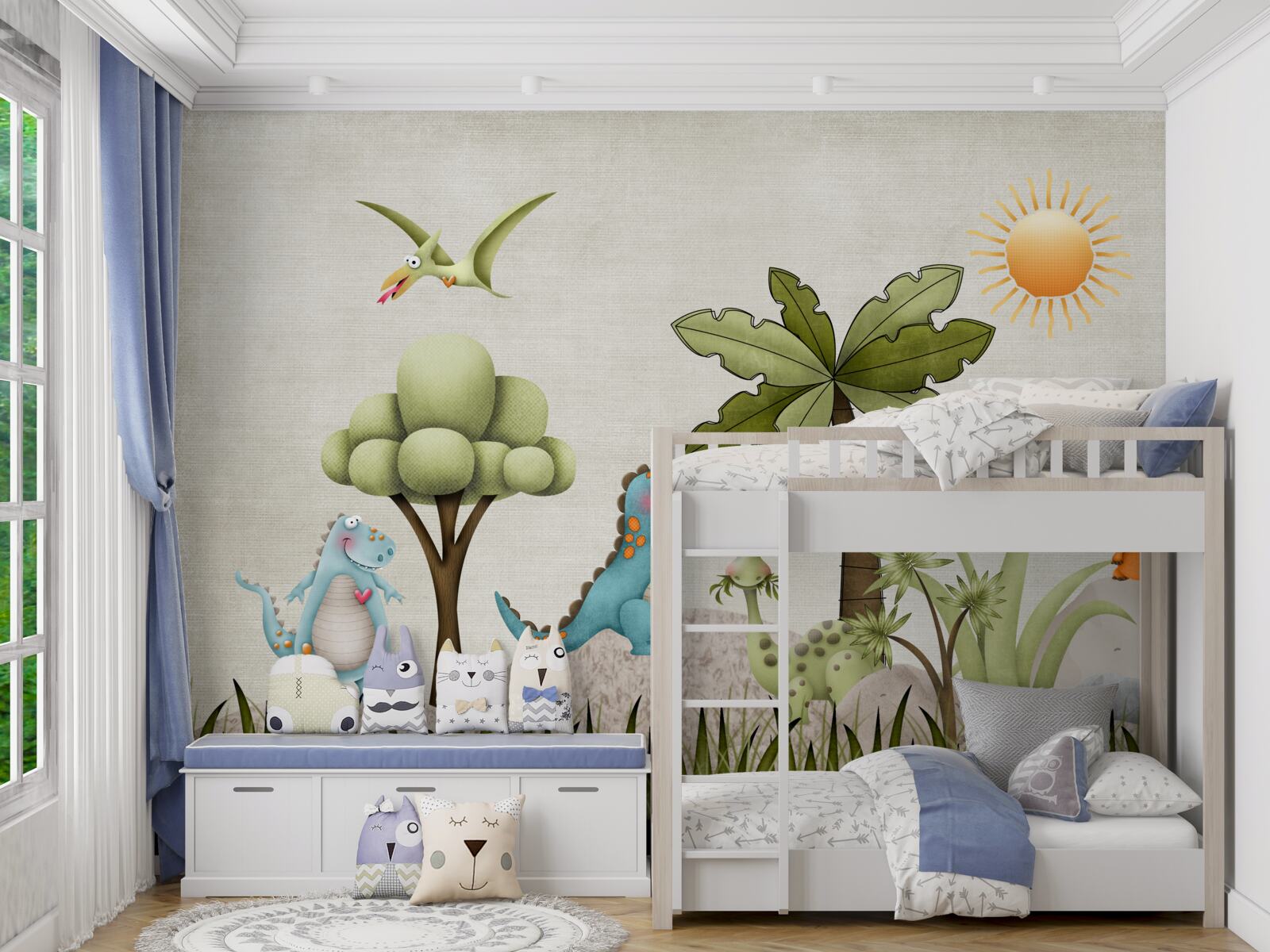 Fototapeta małe dinozaury z kreskówek w zielonych zaroślach