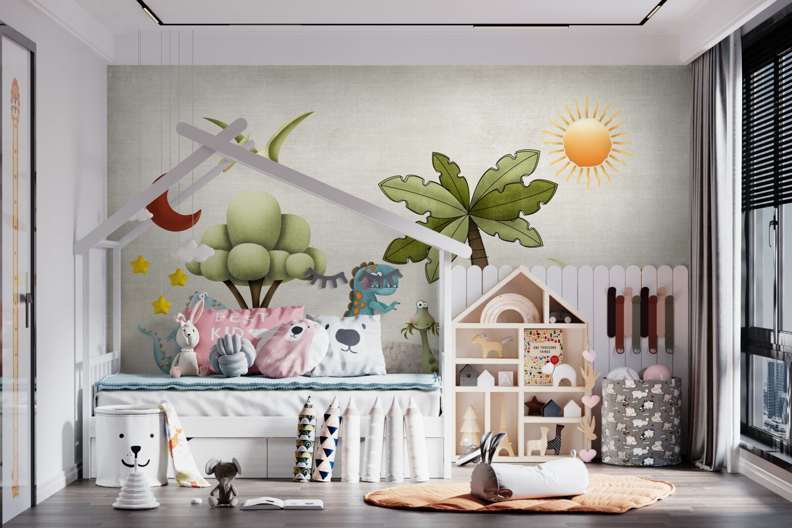 Fototapeta małe dinozaury z kreskówek w zielonych zaroślach