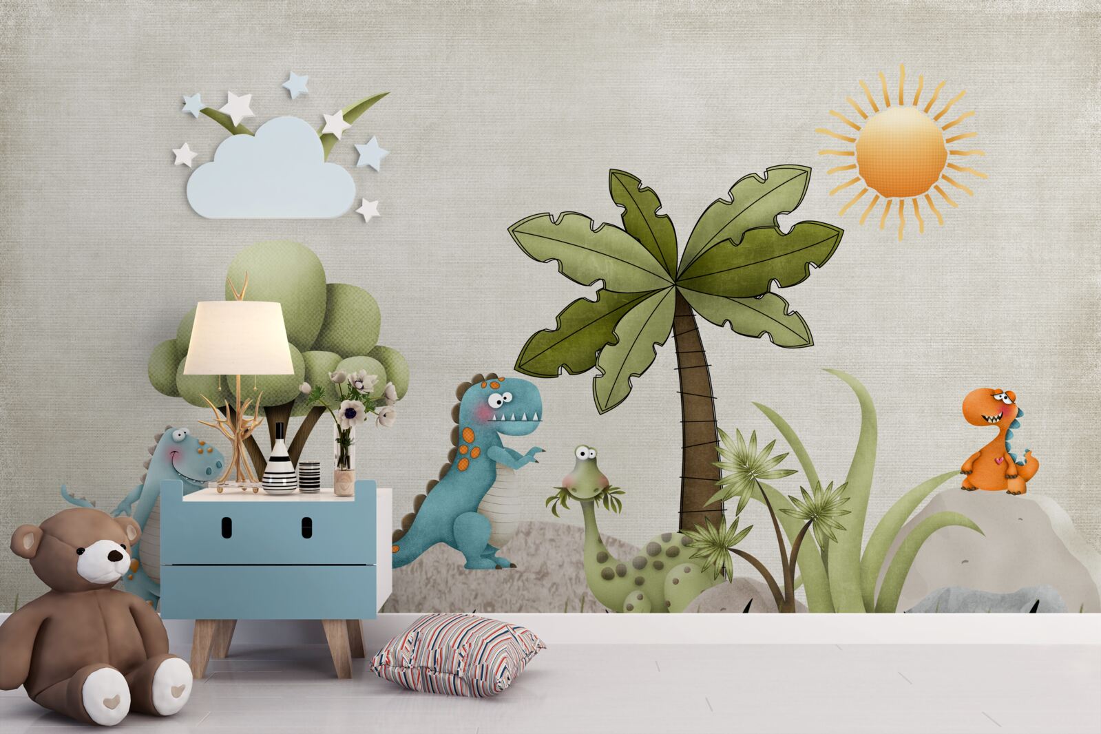 Fototapeta małe dinozaury z kreskówek w zielonych zaroślach