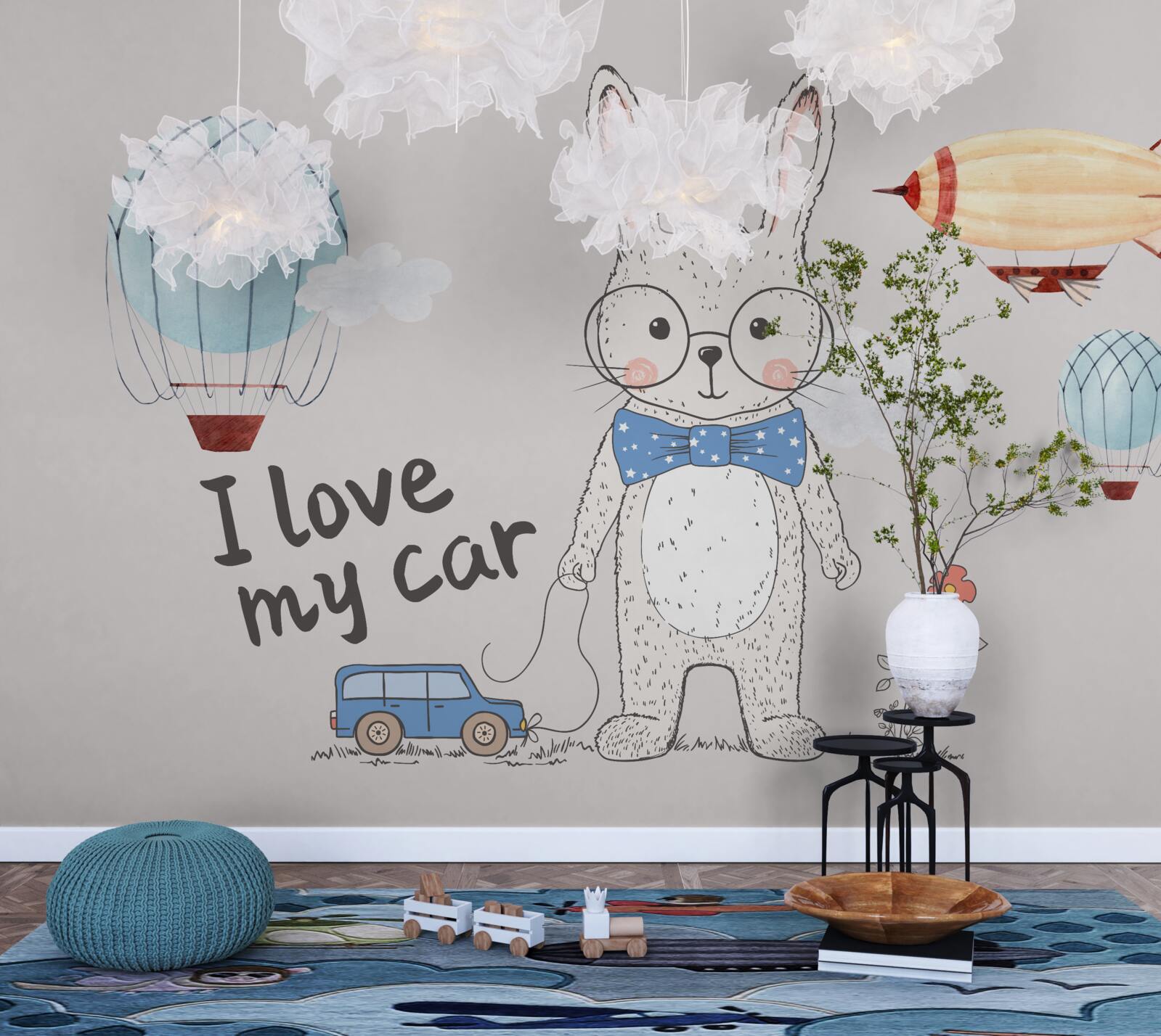 Fototapeta zając w okularach na tle pojazdów