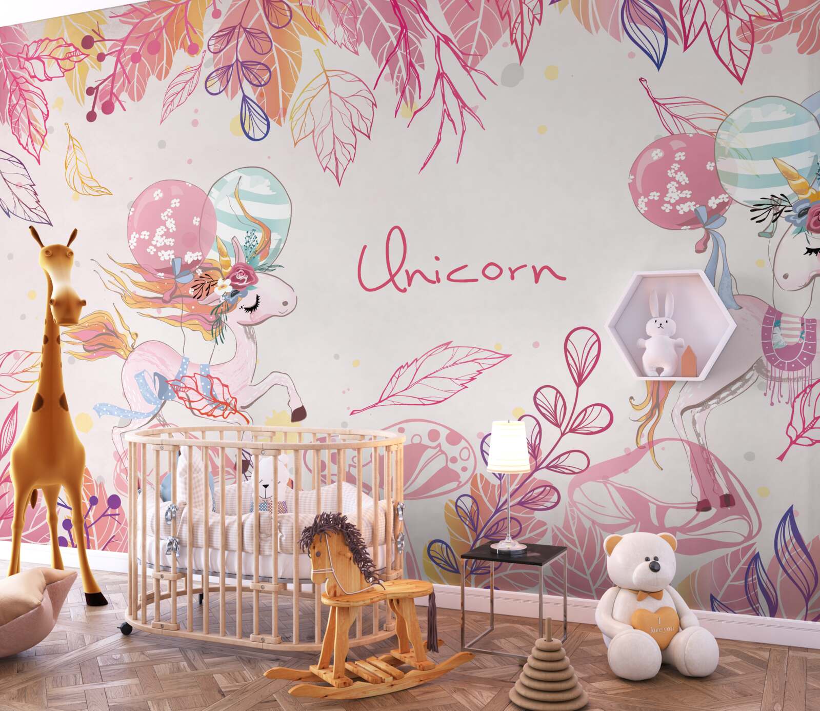 Fototapeta różowe jednorożce z balonami z helem