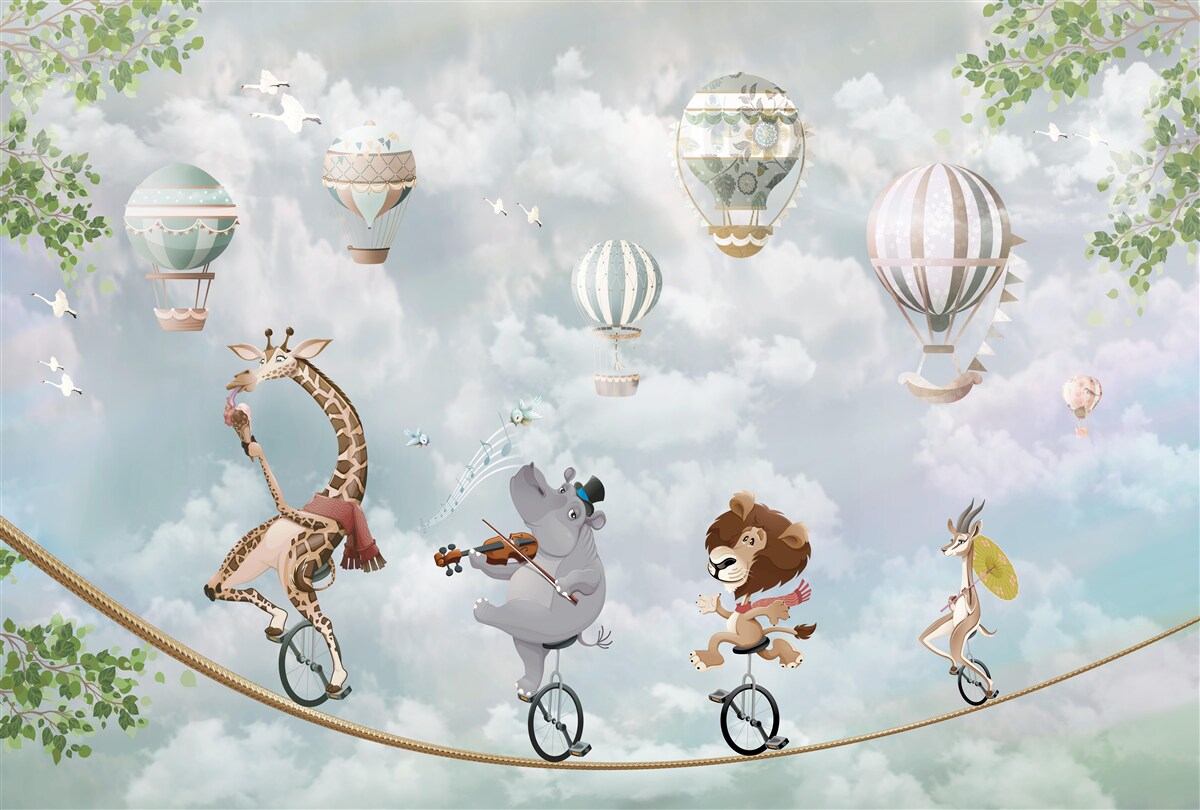 Fototapeta zwierzęta balansujące na linie na dwukołowym rowerze