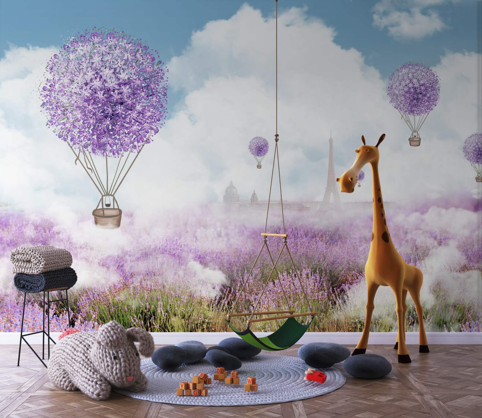 Fototapeta pole z lawendą i latającymi balonami