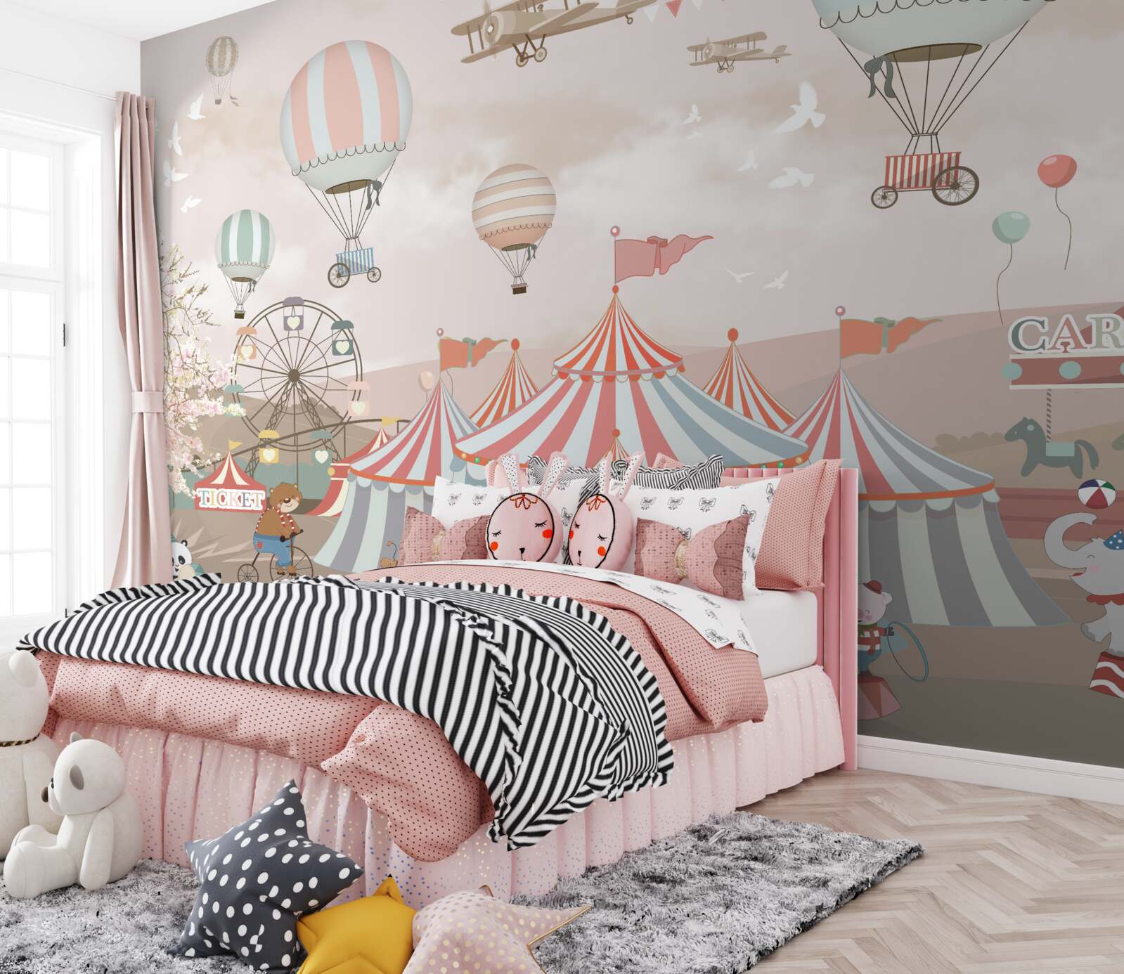 Fototapeta cyrk i bale unoszące się na niebie