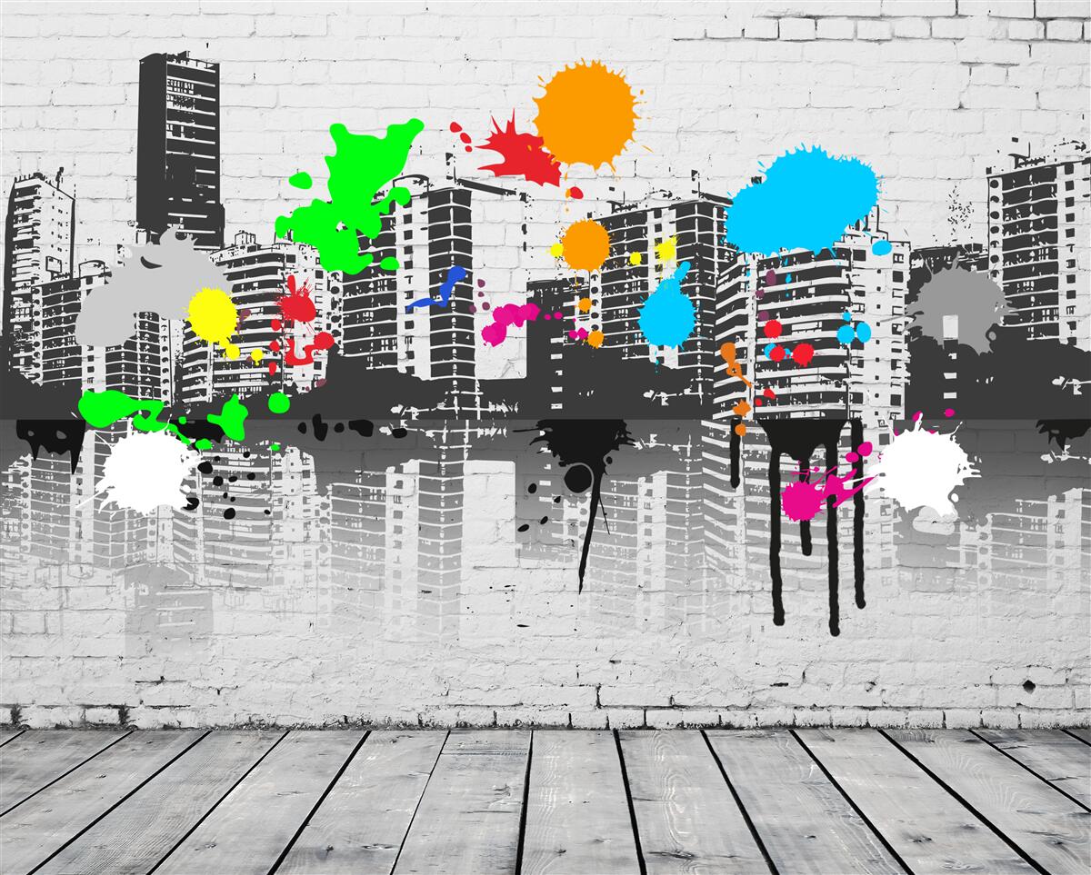 Fototapeta graffiti przedstawiające miasto w czerni i bieli