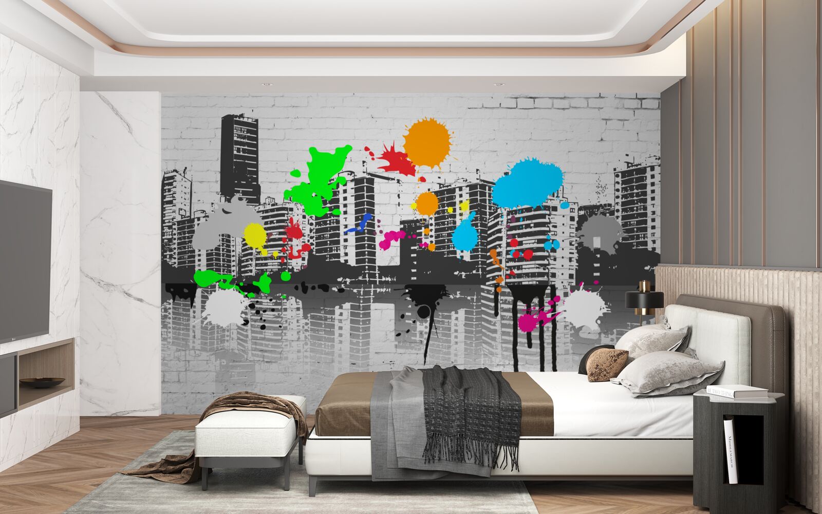 Fototapeta graffiti przedstawiające miasto w czerni i bieli