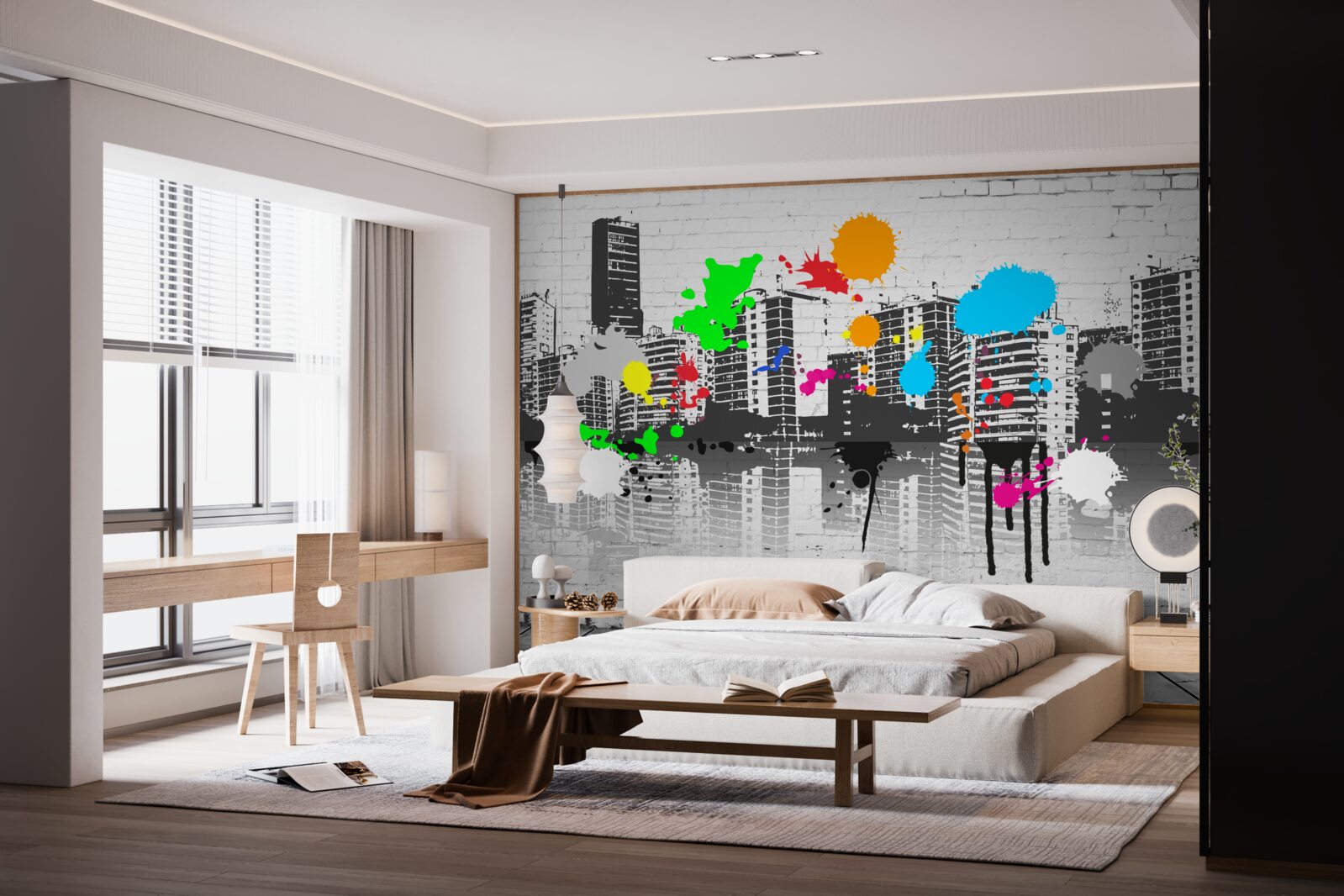 Fototapeta graffiti przedstawiające miasto w czerni i bieli