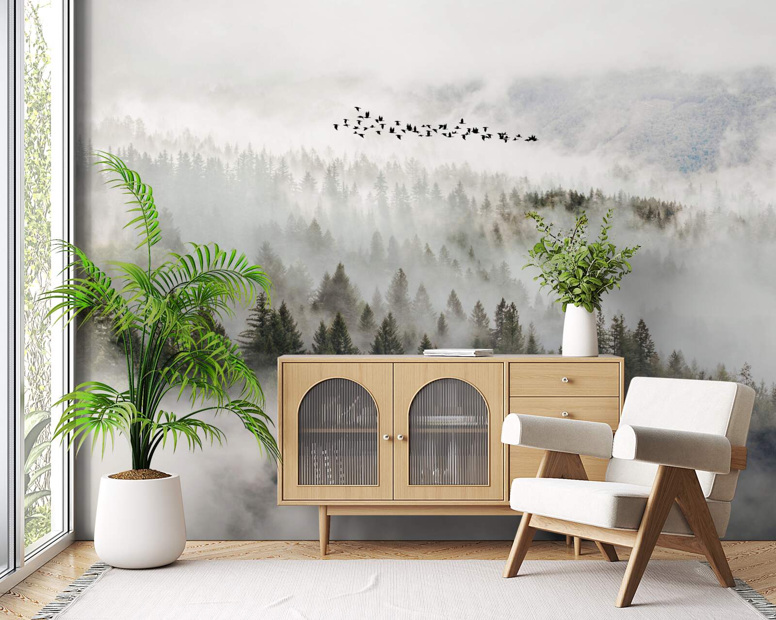 Fototapeta grupa ptaków wysoko nad pochmurnym górskim zaroślem