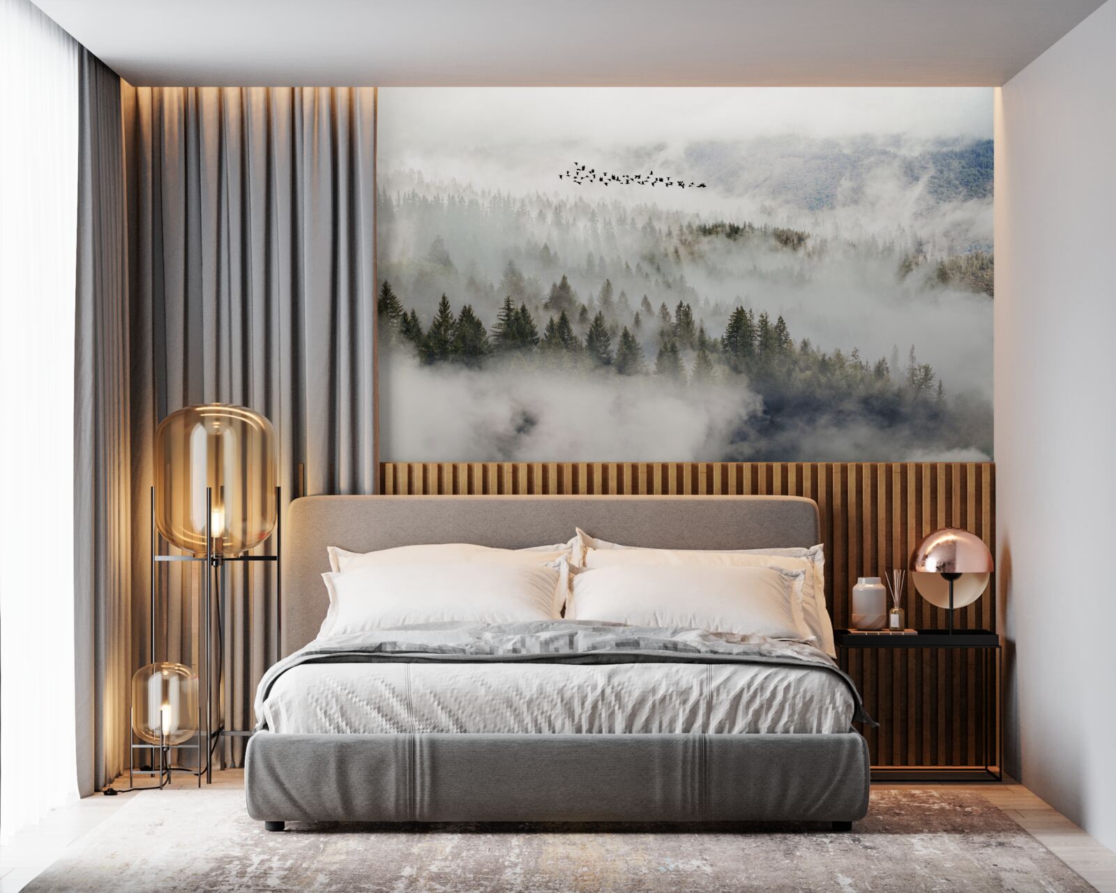 Fototapeta grupa ptaków wysoko nad pochmurnym górskim zaroślem