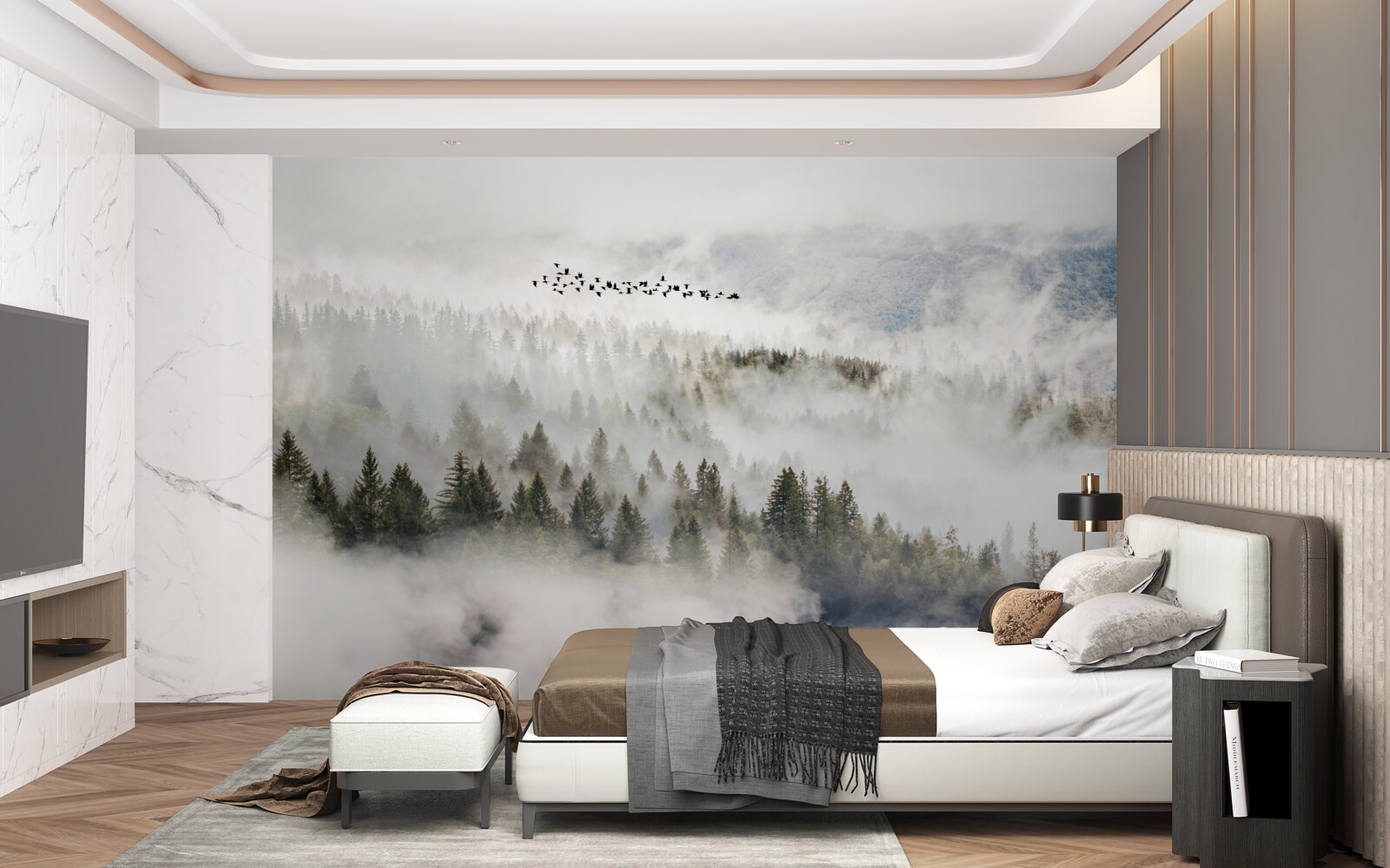 Fototapeta grupa ptaków wysoko nad pochmurnym górskim zaroślem