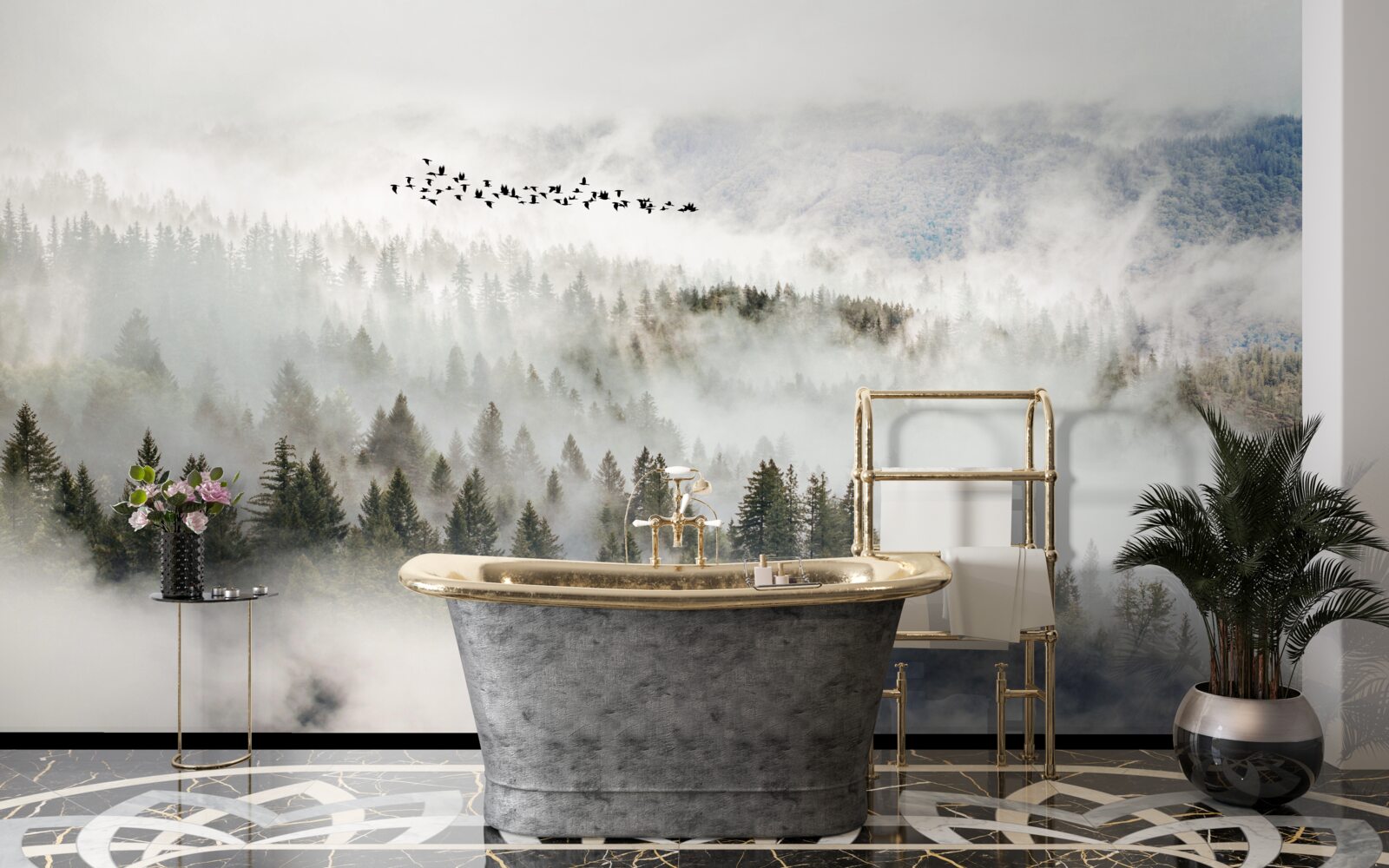 Fototapeta grupa ptaków wysoko nad pochmurnym górskim zaroślem