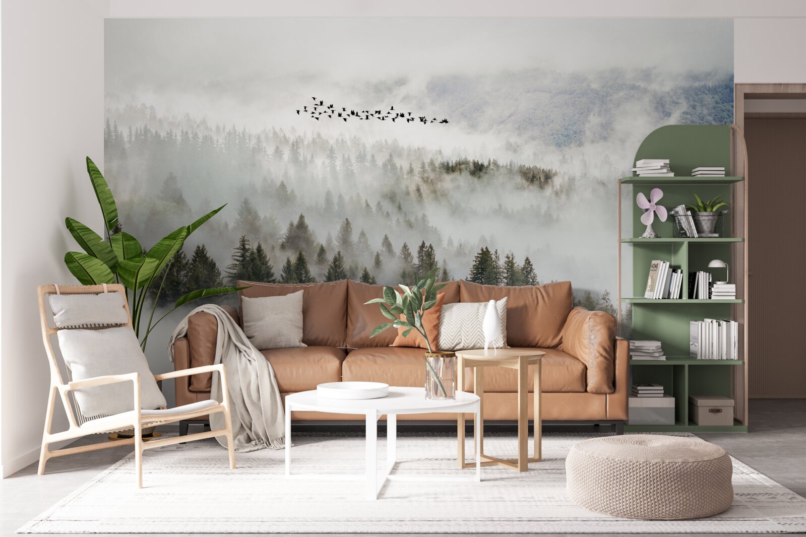 Fototapeta grupa ptaków wysoko nad pochmurnym górskim zaroślem