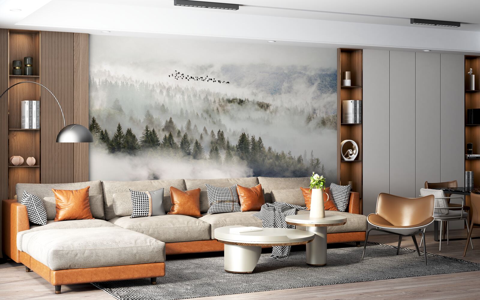 Fototapeta grupa ptaków wysoko nad pochmurnym górskim zaroślem