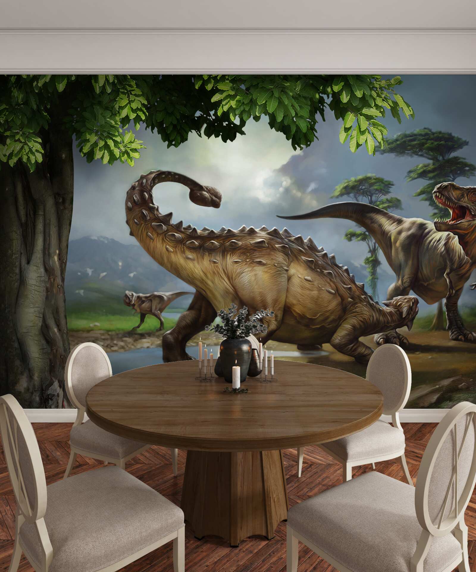 Fototapeta w lesie niedaleko stawu żyją dinozaury