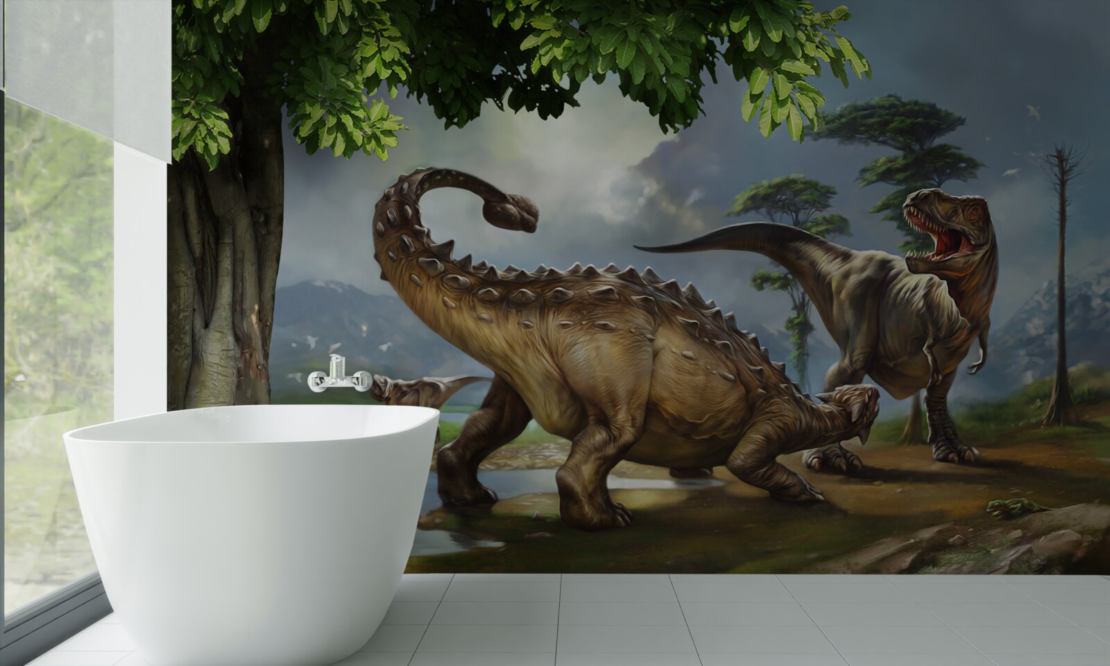 Fototapeta w lesie niedaleko stawu żyją dinozaury