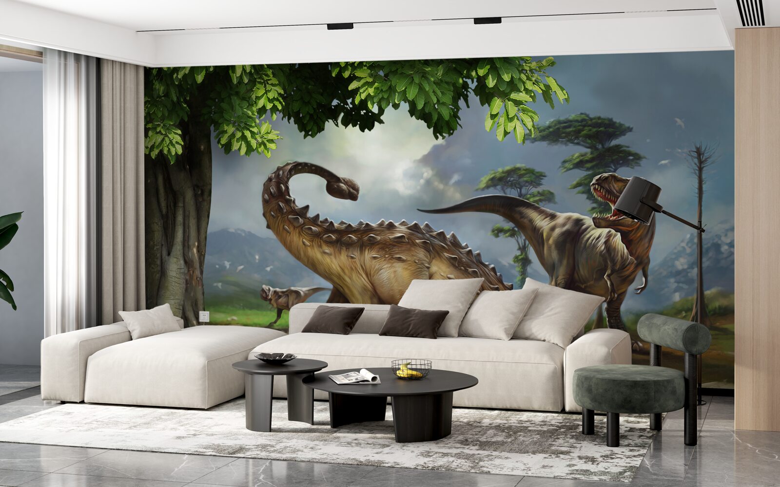 Fototapeta w lesie niedaleko stawu żyją dinozaury