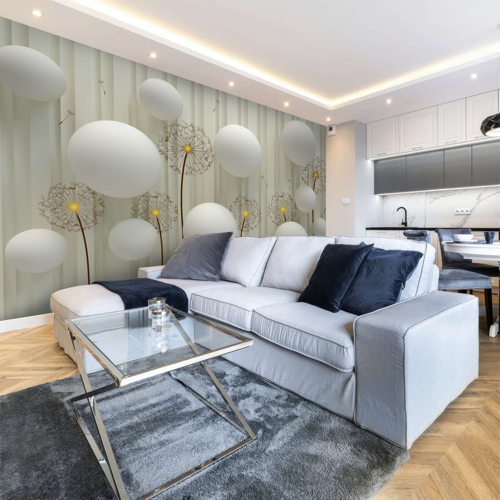 Fototapeta skład białych kulek i kwitnących mniszek lekarski