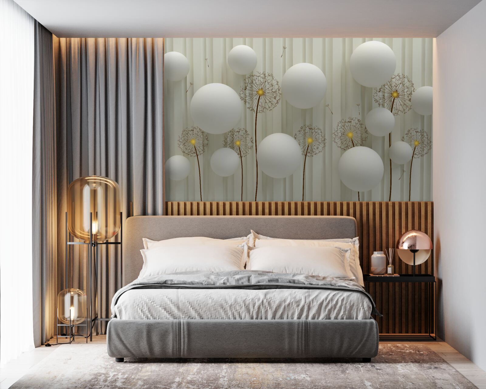 Fototapeta skład białych kulek i kwitnących mniszek lekarski