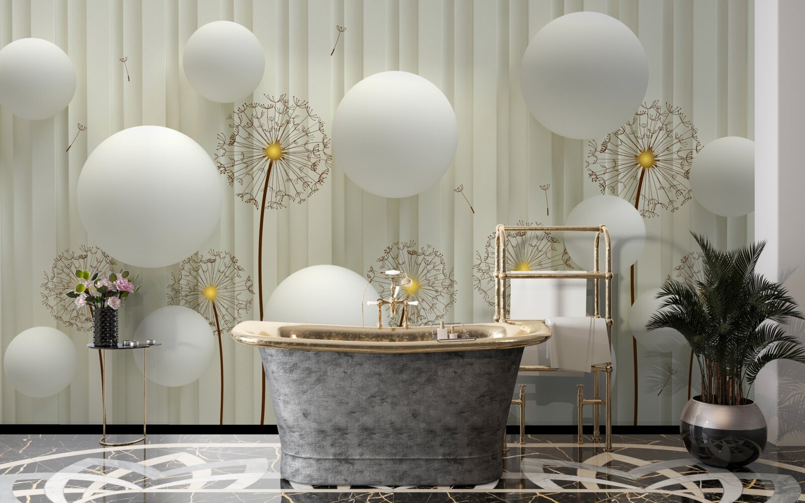 Fototapeta skład białych kulek i kwitnących mniszek lekarski