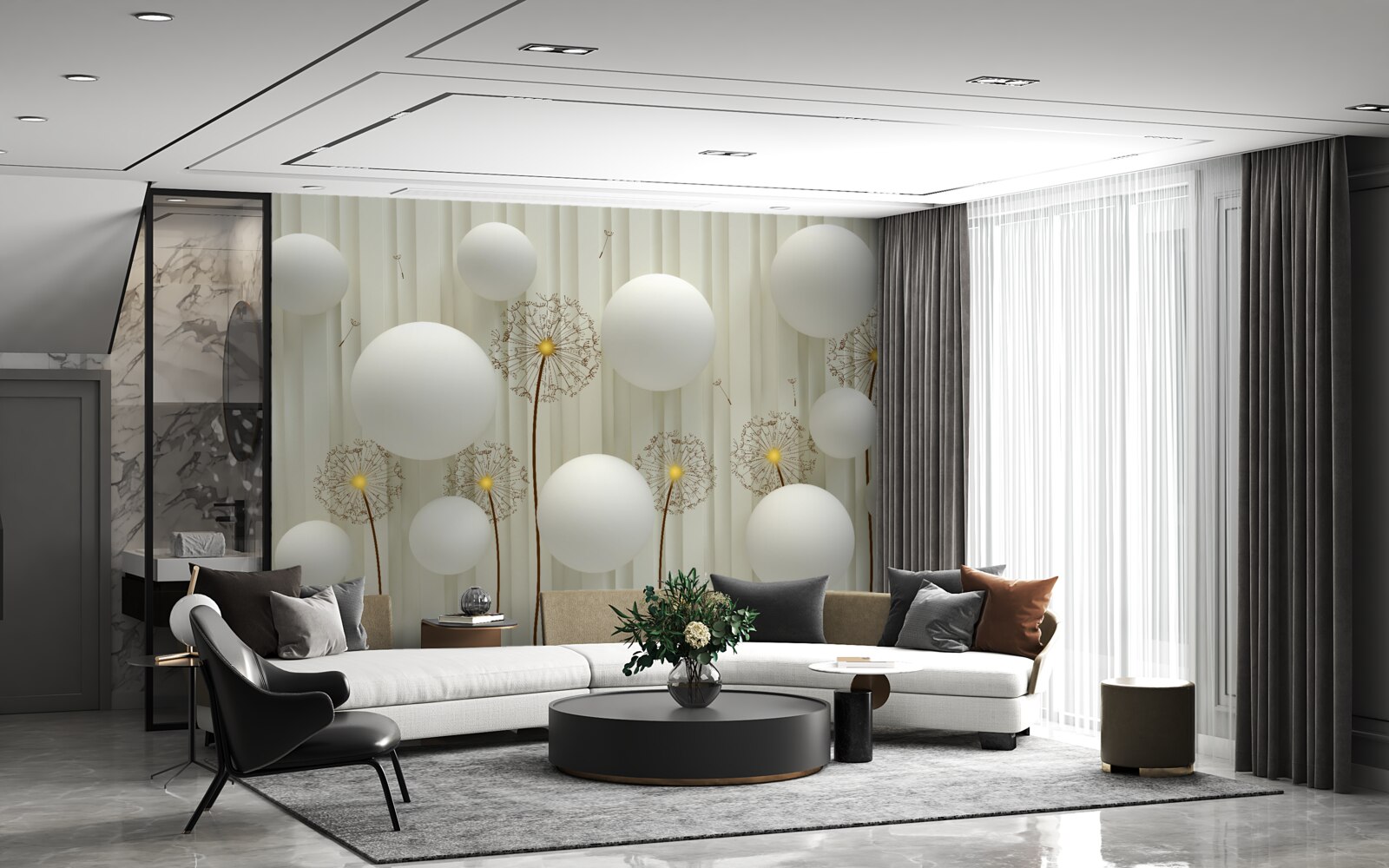 Fototapeta skład białych kulek i kwitnących mniszek lekarski