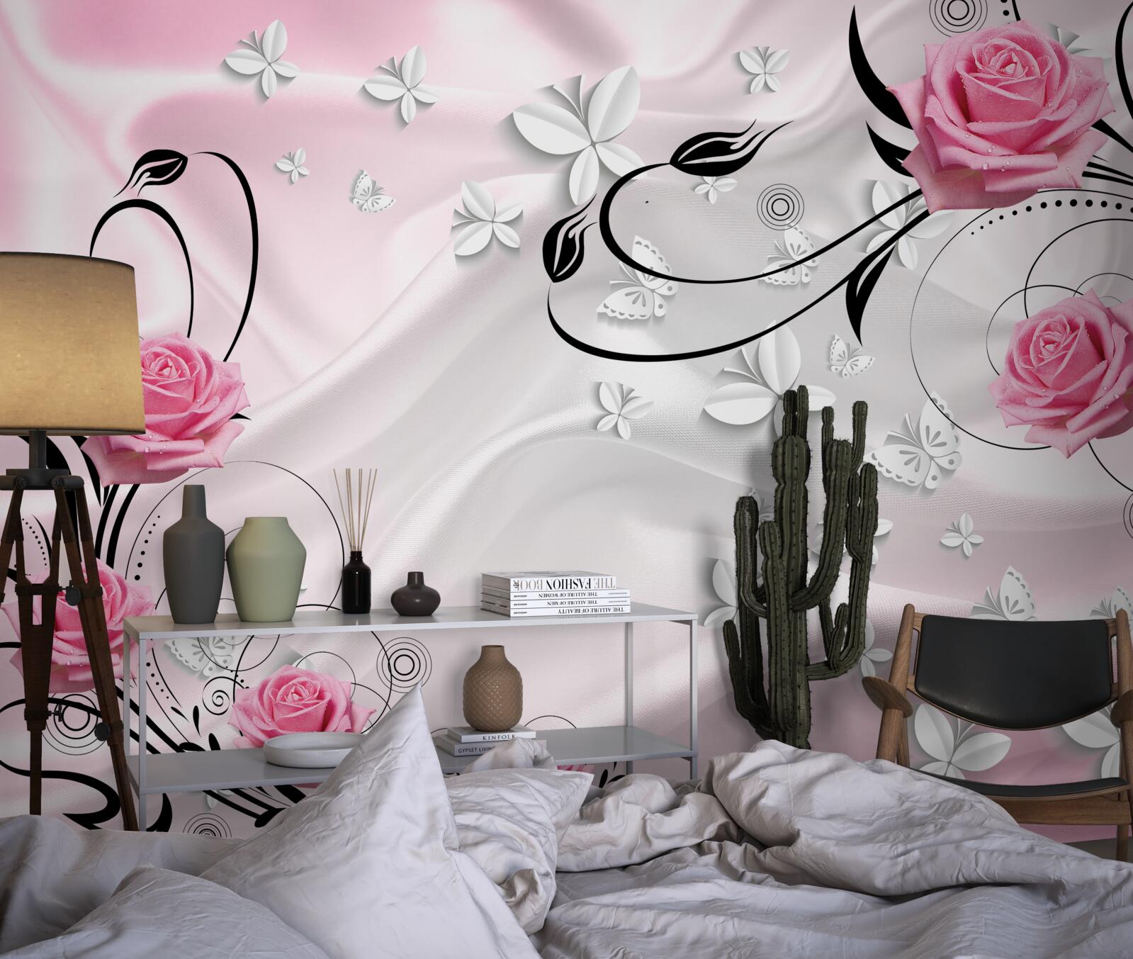 Fototapeta różowe róże na tle śnieżnobiałego jedwabiu