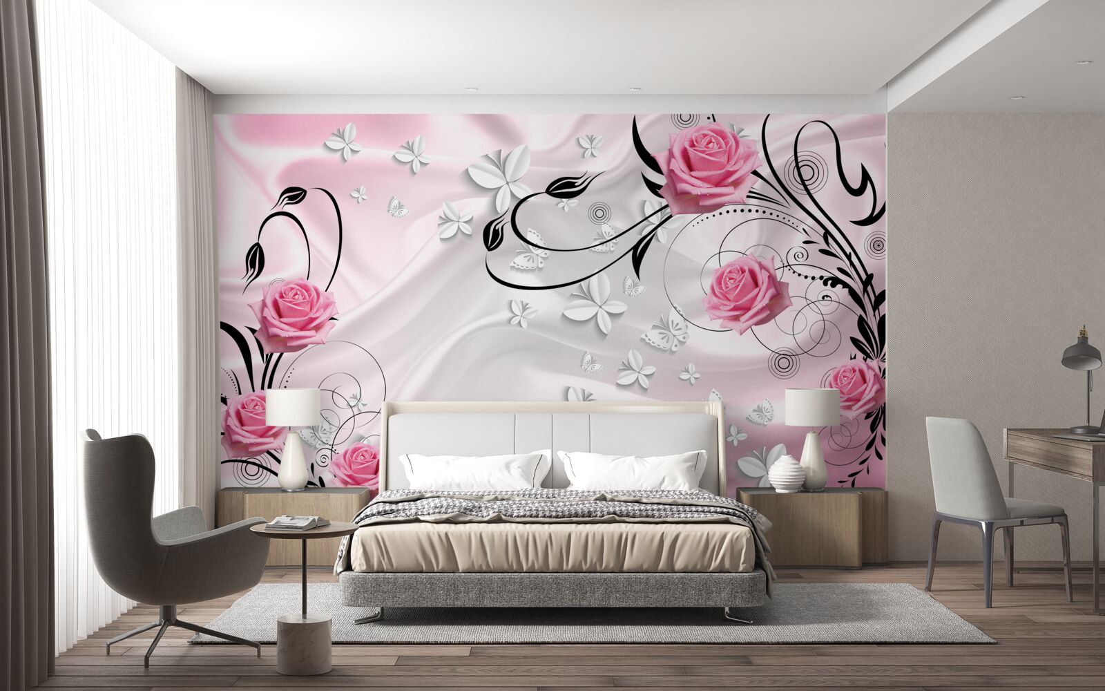 Fototapeta różowe róże na tle śnieżnobiałego jedwabiu