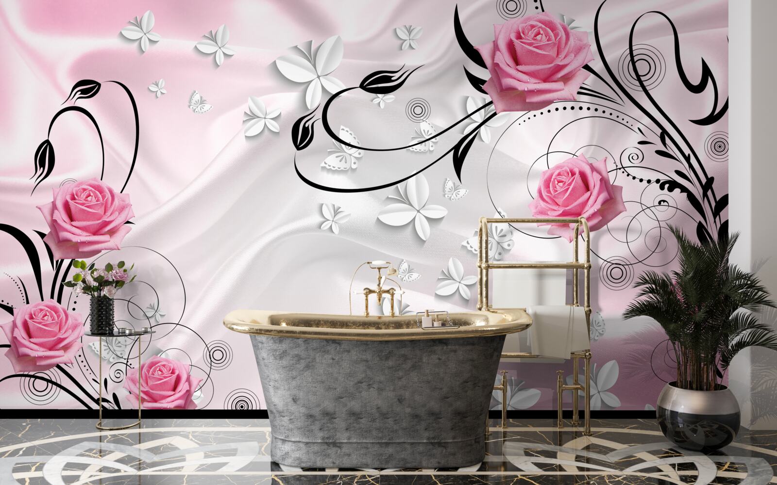 Fototapeta różowe róże na tle śnieżnobiałego jedwabiu