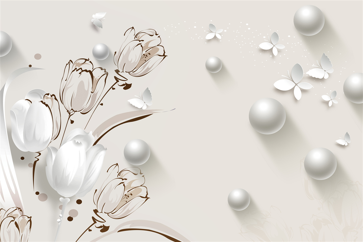 Fototapeta kwiaty wykonane ze złota i pereł w śnieżnobiałym odcieniu