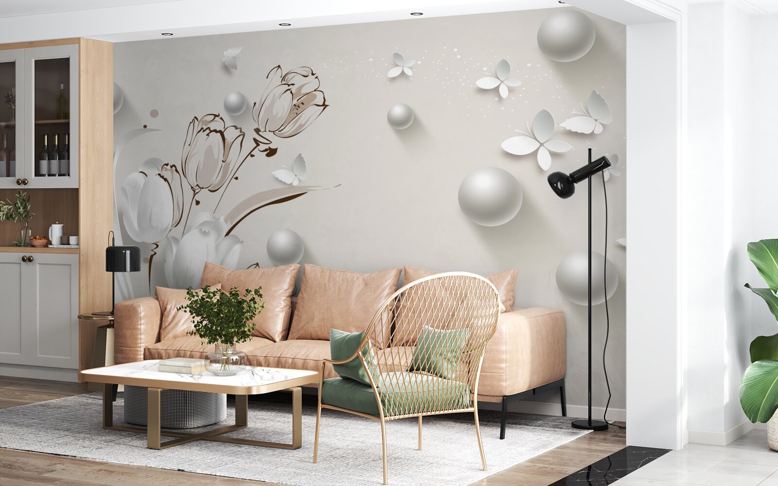 Fototapeta kwiaty wykonane ze złota i pereł w śnieżnobiałym odcieniu