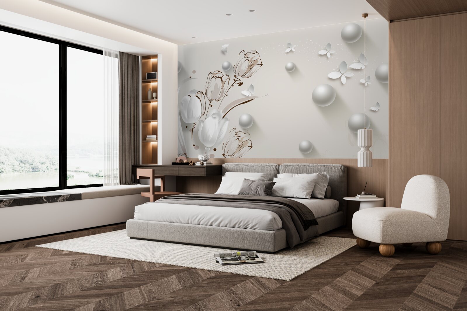 Fototapeta kwiaty wykonane ze złota i pereł w śnieżnobiałym odcieniu